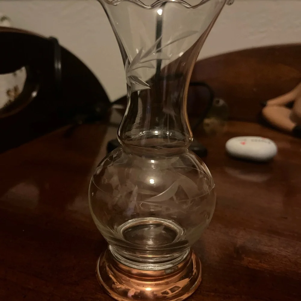 Vintage Princess House Bud Vases With Copper Base Etched Foliage